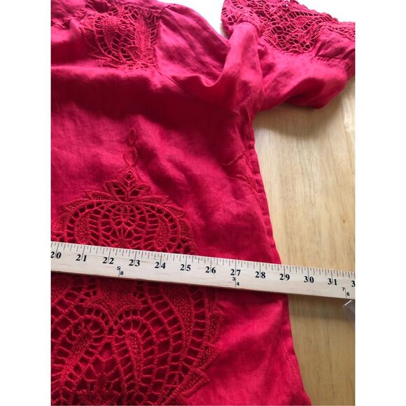 John Mark Scottsdale Classic Red LINEN/LACE Embroidered Blouse Tunic S Bell Slee - Picture 11 of 16